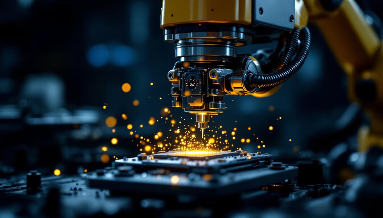 A photograph of a close-up of an industrial robotic arm in action