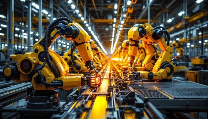 A photograph of a hyundai manufacturing facility showcasing industrial robots in action