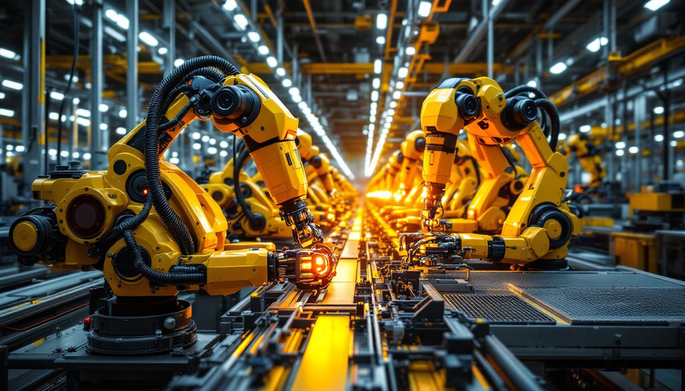 A photograph of a hyundai manufacturing facility showcasing industrial robots in action