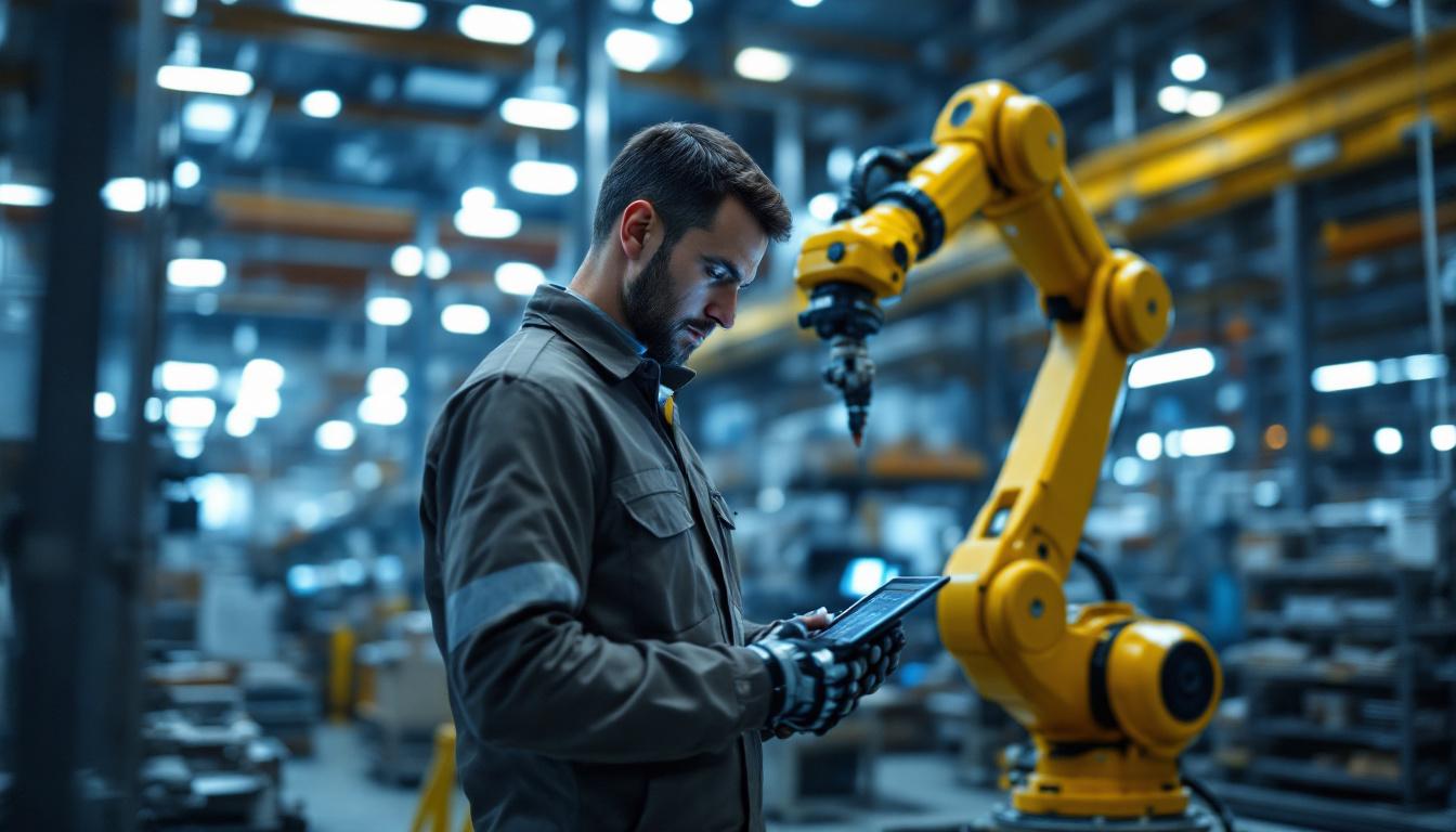 A photograph of a skilled technician operating a sophisticated industrial robot within a modern manufacturing facility