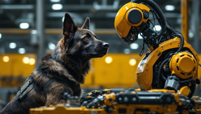 A photograph of a dynamic scene showcasing a military working dog in action alongside an industrial robot