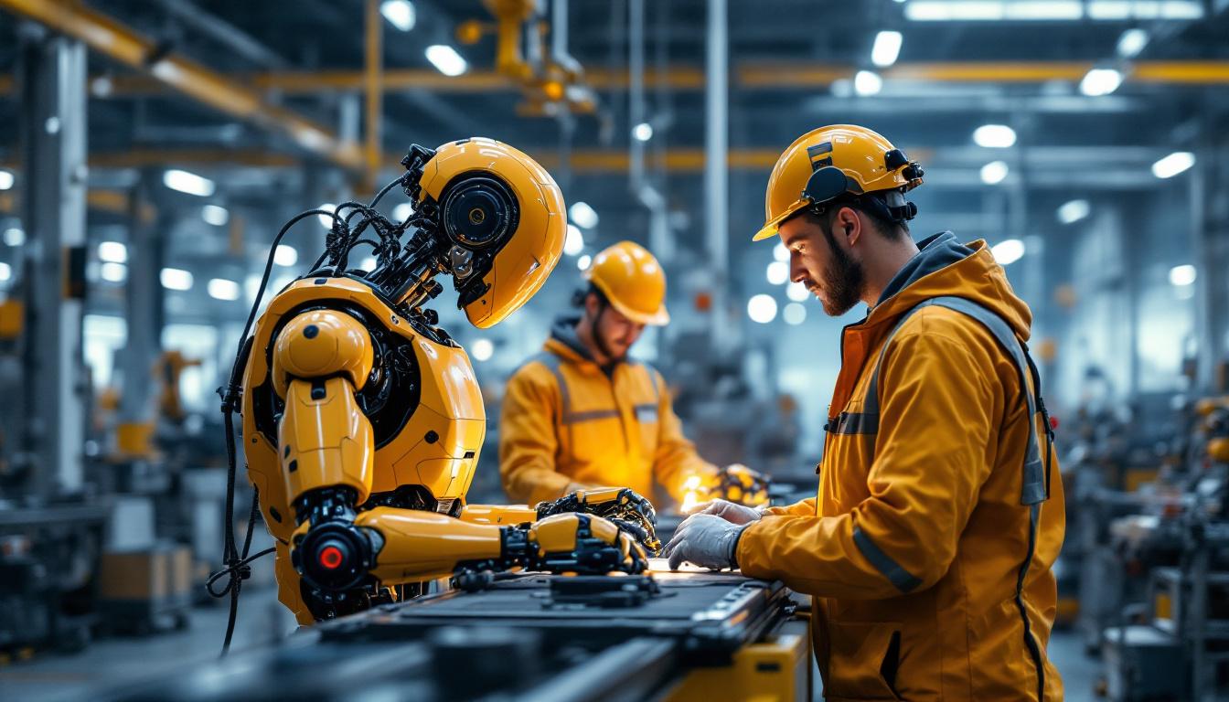 A photograph of a dynamic industrial setting where agile robots are actively collaborating with human workers