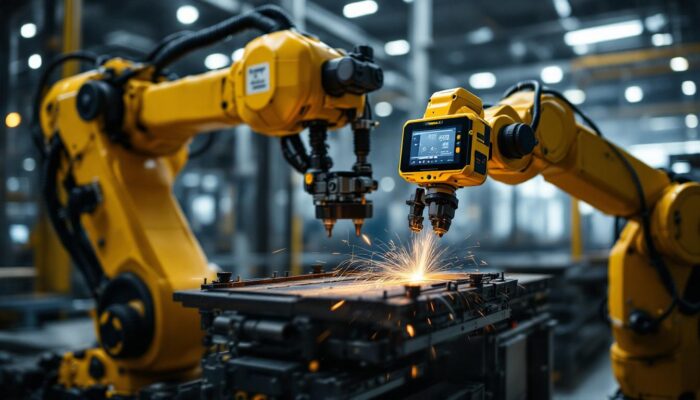 A photograph of capture a photograph of a trimble scanner in action alongside an industrial robotic arm