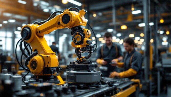 A photograph of capture a photograph of a modern industrial robot in action within a manufacturing setting