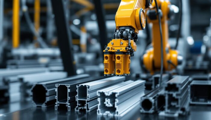 A photograph of a close-up of various t-slot aluminum extrusions arranged alongside an industrial robotic arm in a manufacturing setting