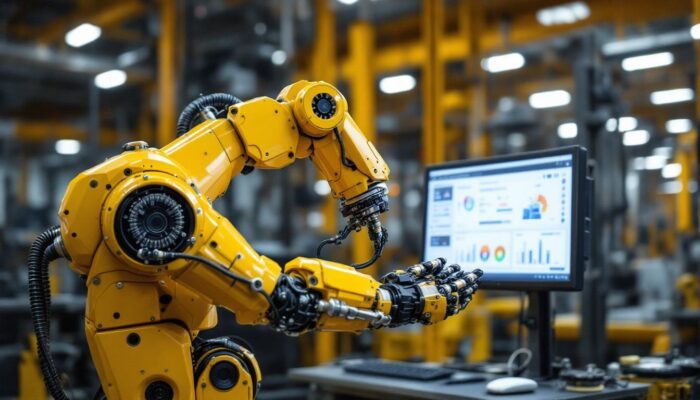 A photograph of a dynamic industrial robot in action
