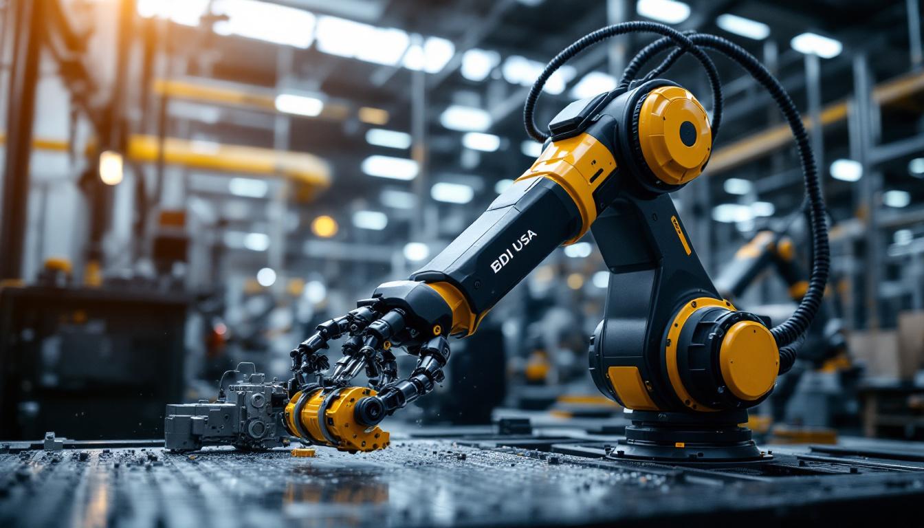 A photograph of a dynamic industrial setting showcasing a bdi usa robotic arm in action