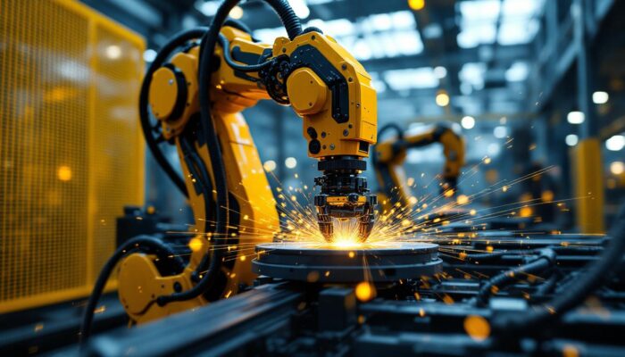 A photograph of a dynamic industrial robot in action within a modern manufacturing setting