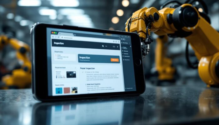 A photograph of a mobile device displaying a webpage inspection interface alongside a robotic arm in an industrial setting