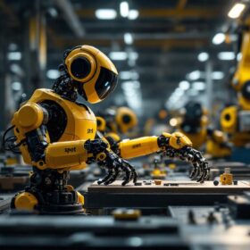 A photograph of a spot robot navigating an industrial workspace