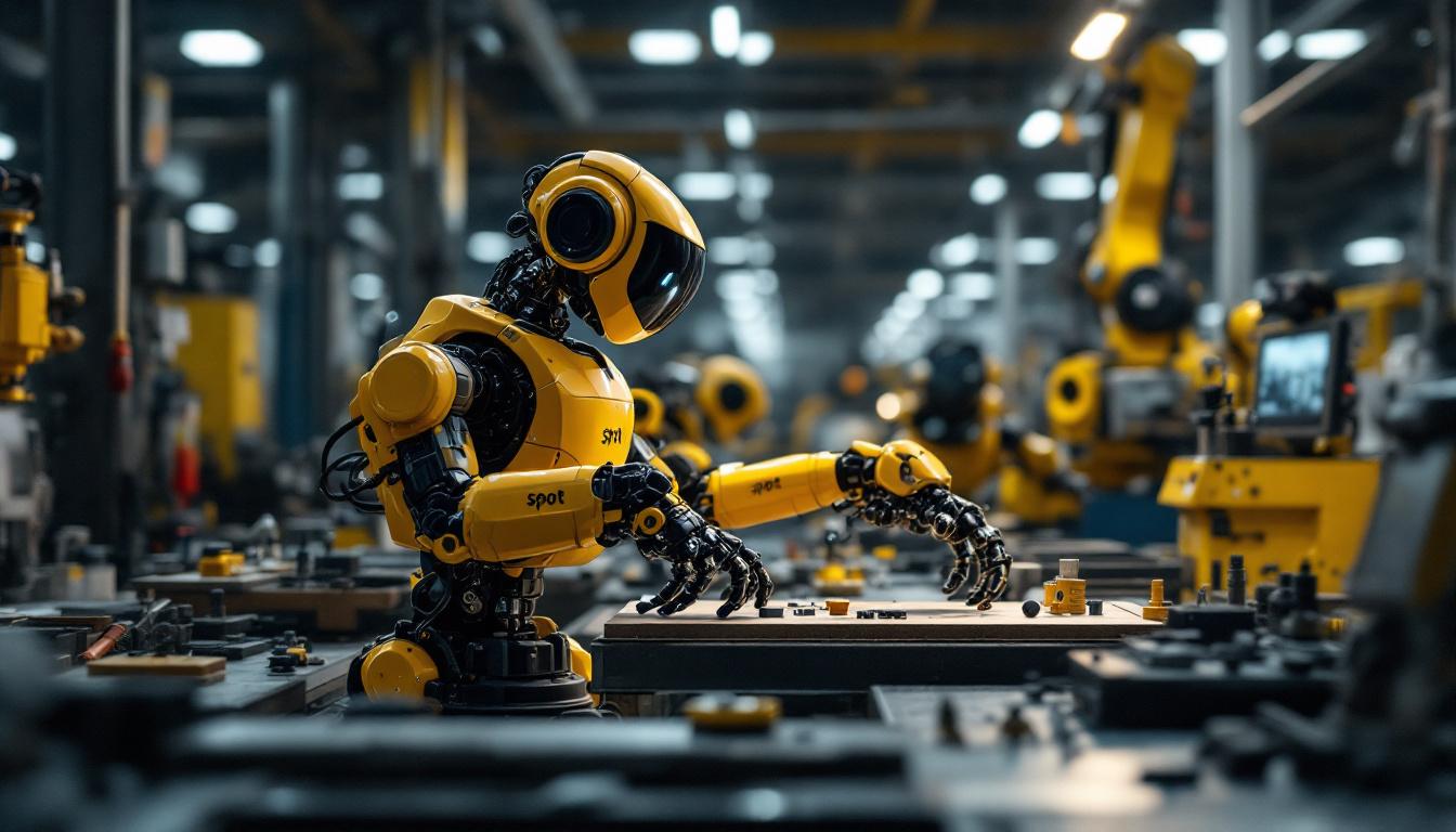 A photograph of a spot robot navigating an industrial workspace