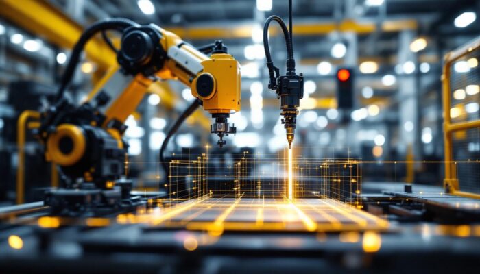 A photograph of a high-tech industrial robot performing a height scan on a large object in a modern manufacturing environment