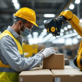 A photograph of a postal worker engaging with advanced robotic technology in a modern sorting facility