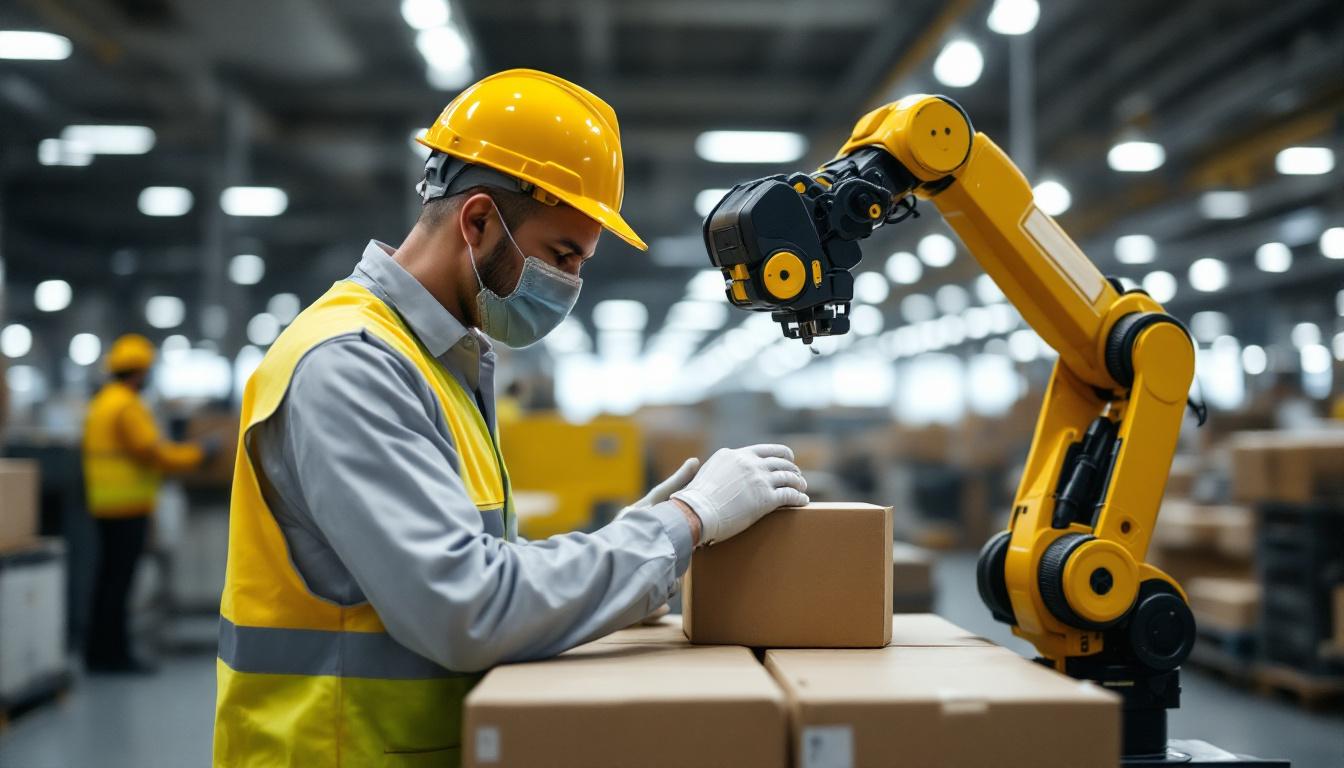 A photograph of a postal worker engaging with advanced robotic technology in a modern sorting facility