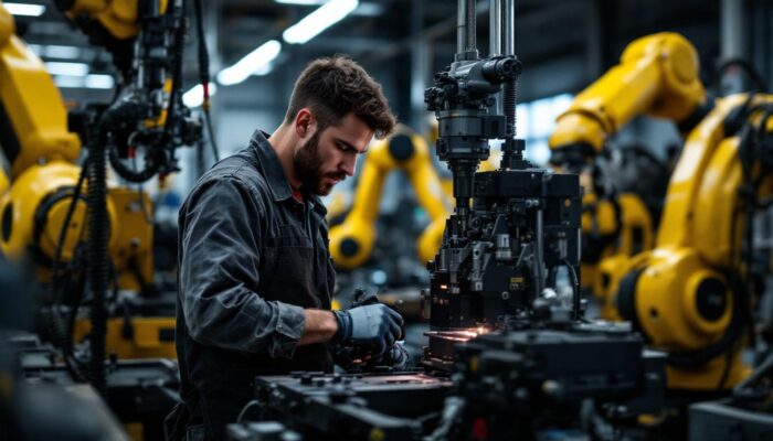 A photograph of a skilled machinist operating advanced machinery in a modern workshop