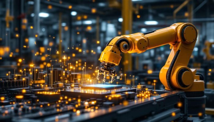 A photograph of a modern industrial setting where a robotic arm is interacting with wireless sensors
