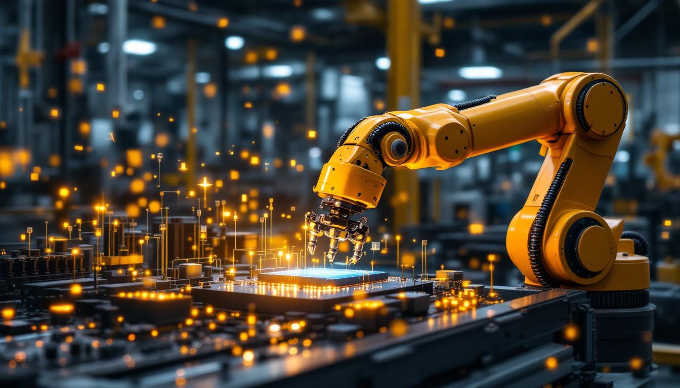 A photograph of a modern industrial setting where a robotic arm is interacting with wireless sensors