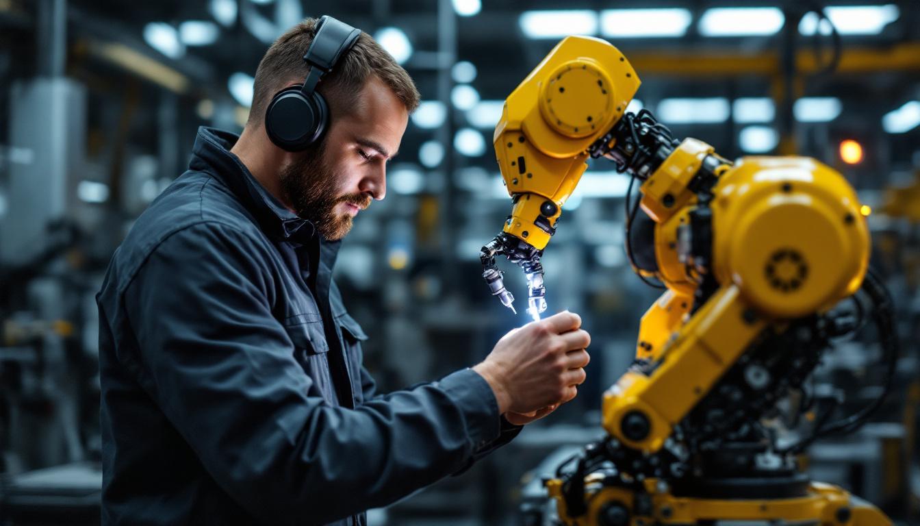 A photograph of a skilled robot engineer working hands-on with an industrial robot in a modern manufacturing environment