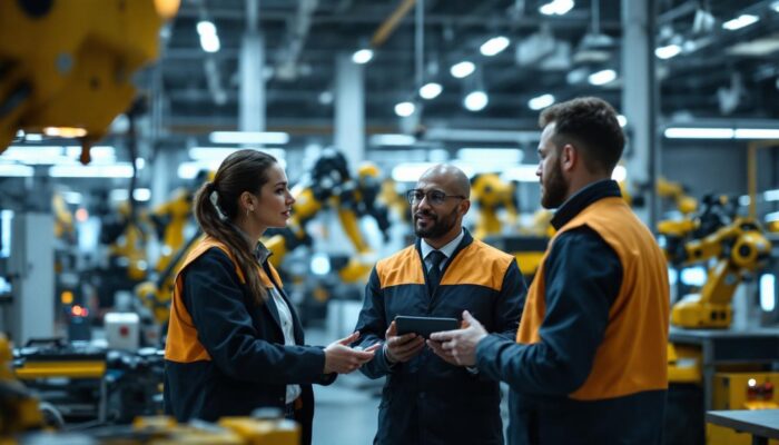 A photograph of a professional business development representative engaged in a discussion with a team of engineers in a high-tech industrial setting
