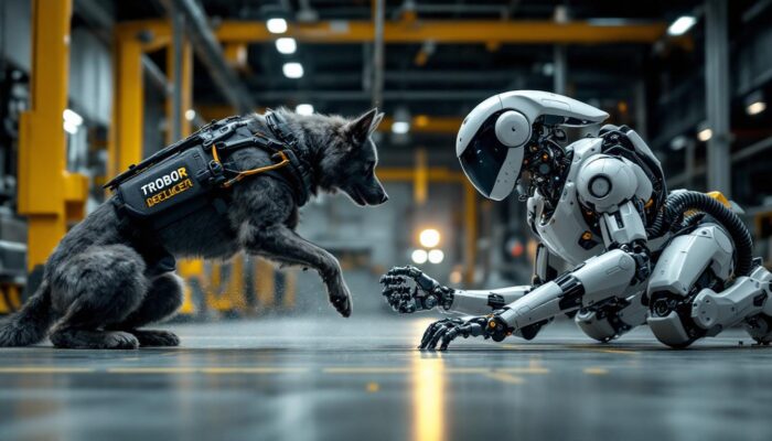 A photograph of a defense dog in action alongside an industrial robot in a dynamic environment