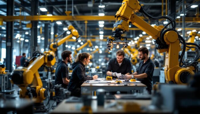 A photograph of a dynamic industrial workspace featuring agile teams collaborating with advanced robotic systems