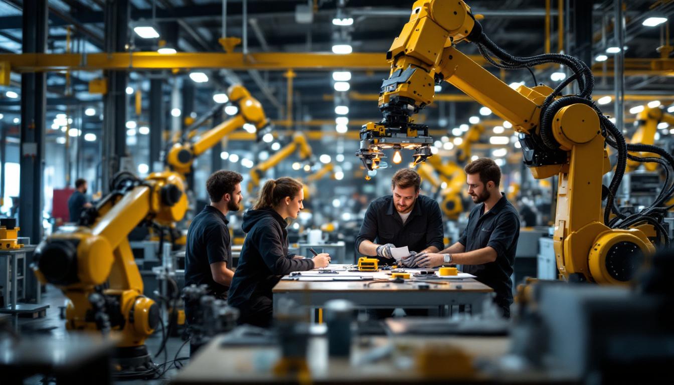 A photograph of a dynamic industrial workspace featuring agile teams collaborating with advanced robotic systems