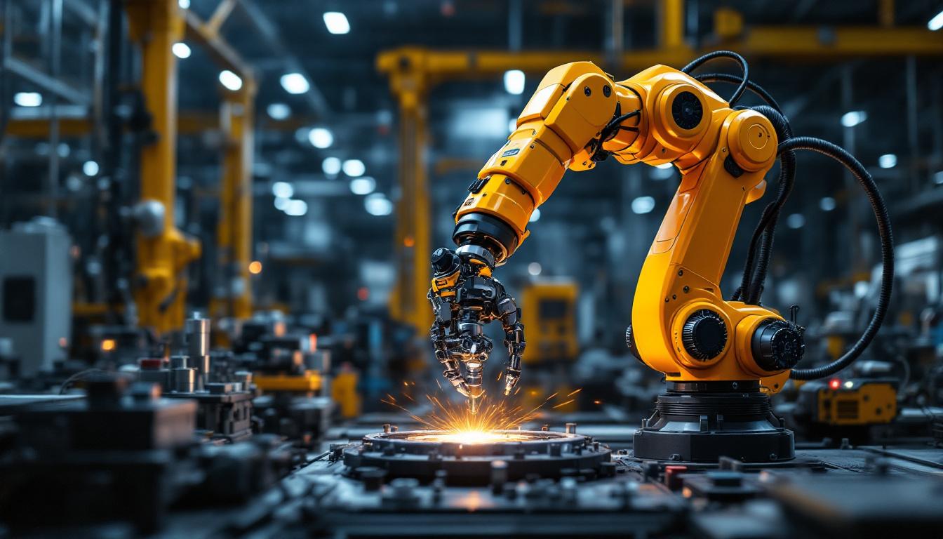 A photograph of a dynamic industrial setting featuring a boson scientific robotic arm in action