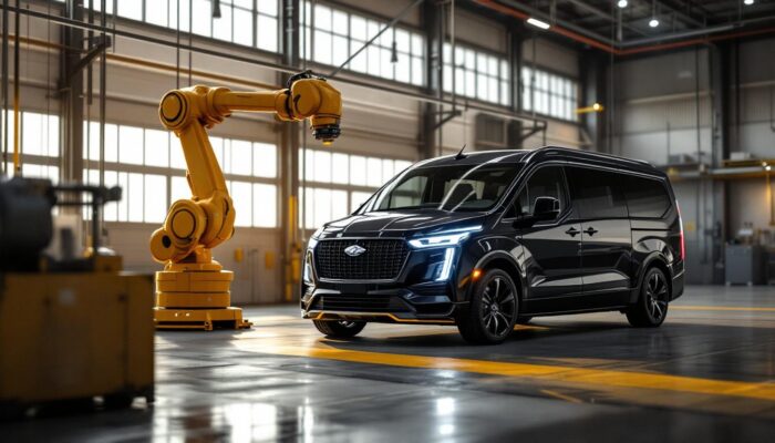 A photograph of capture a photograph of a sleek explorer van parked in a modern industrial setting