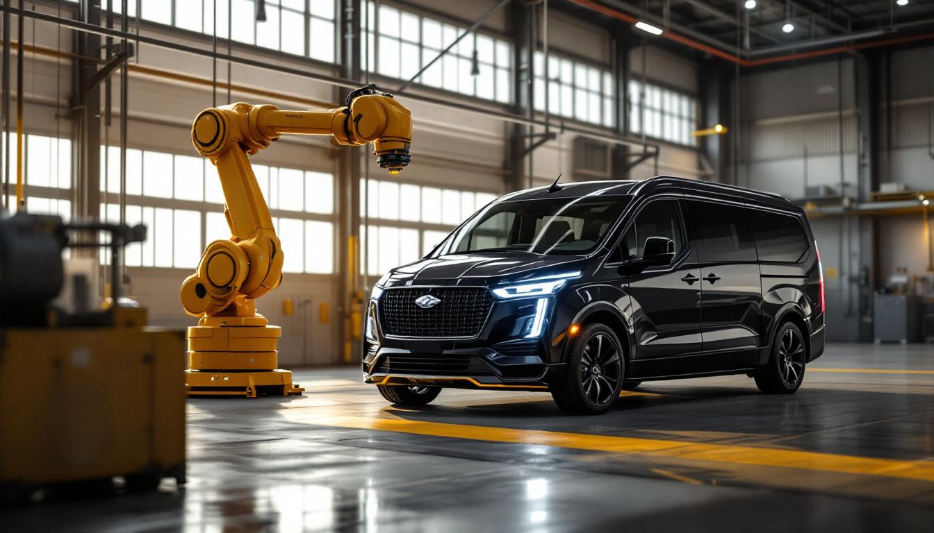 A photograph of capture a photograph of a sleek explorer van parked in a modern industrial setting