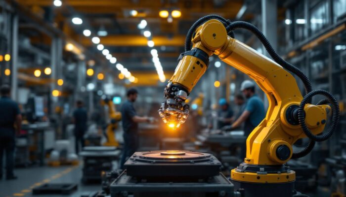 A photograph of a modern industrial robotic arm in action within a manufacturing setting