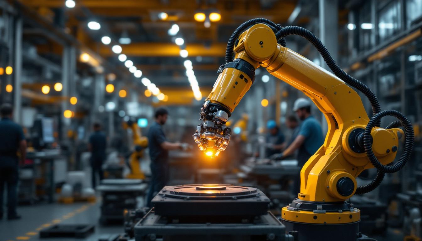 A photograph of a modern industrial robotic arm in action within a manufacturing setting