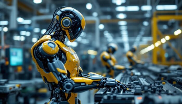 A photograph of a dynamic industrial setting showcasing a 3d robot in action