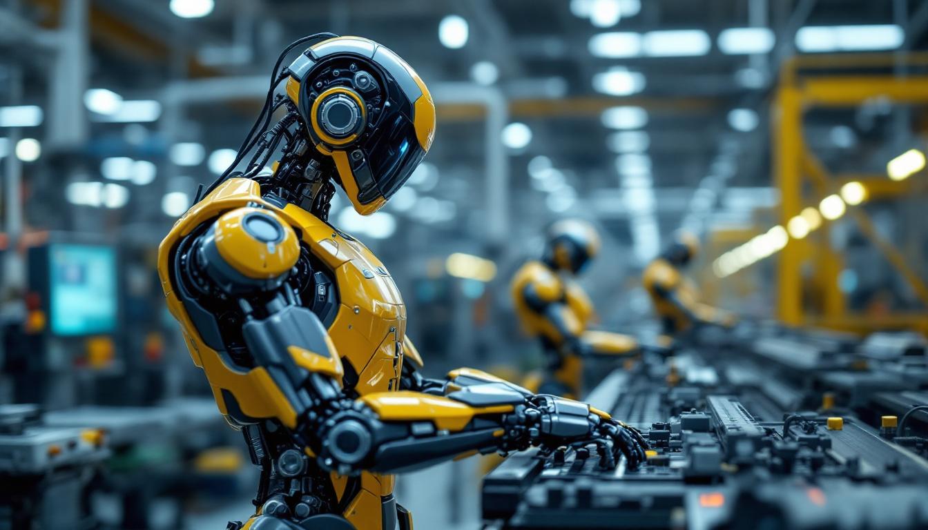 A photograph of a dynamic industrial setting showcasing a 3d robot in action