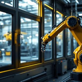 A photograph of a sleek industrial setting featuring a robotic arm working alongside a large