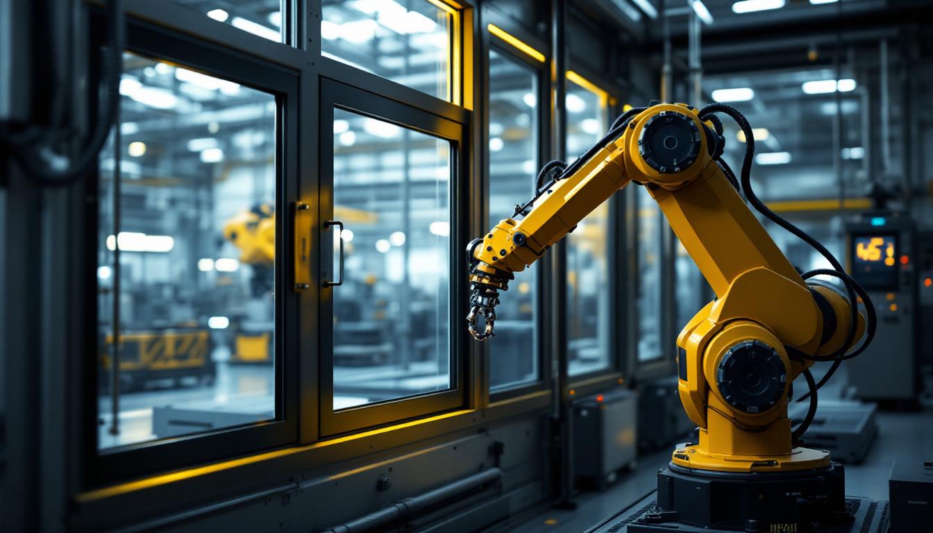 A photograph of a sleek industrial setting featuring a robotic arm working alongside a large