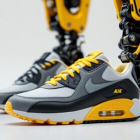 A photograph of a pair of air max 90 sneakers prominently displayed alongside a sleek industrial robot