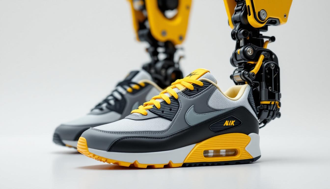A photograph of a pair of air max 90 sneakers prominently displayed alongside a sleek industrial robot