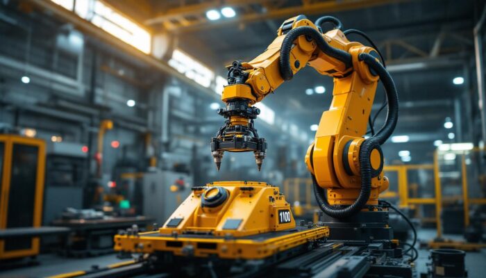 A photograph of a dynamic industrial robotic arm in action