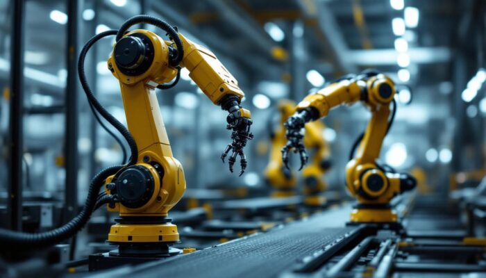 A photograph of a mini twin robotic arm and an industrial robotic arm working in tandem on a production line