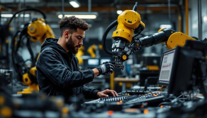 A photograph of a dynamic scene showcasing a young audio engineering apprentice working alongside an industrial robotic arm