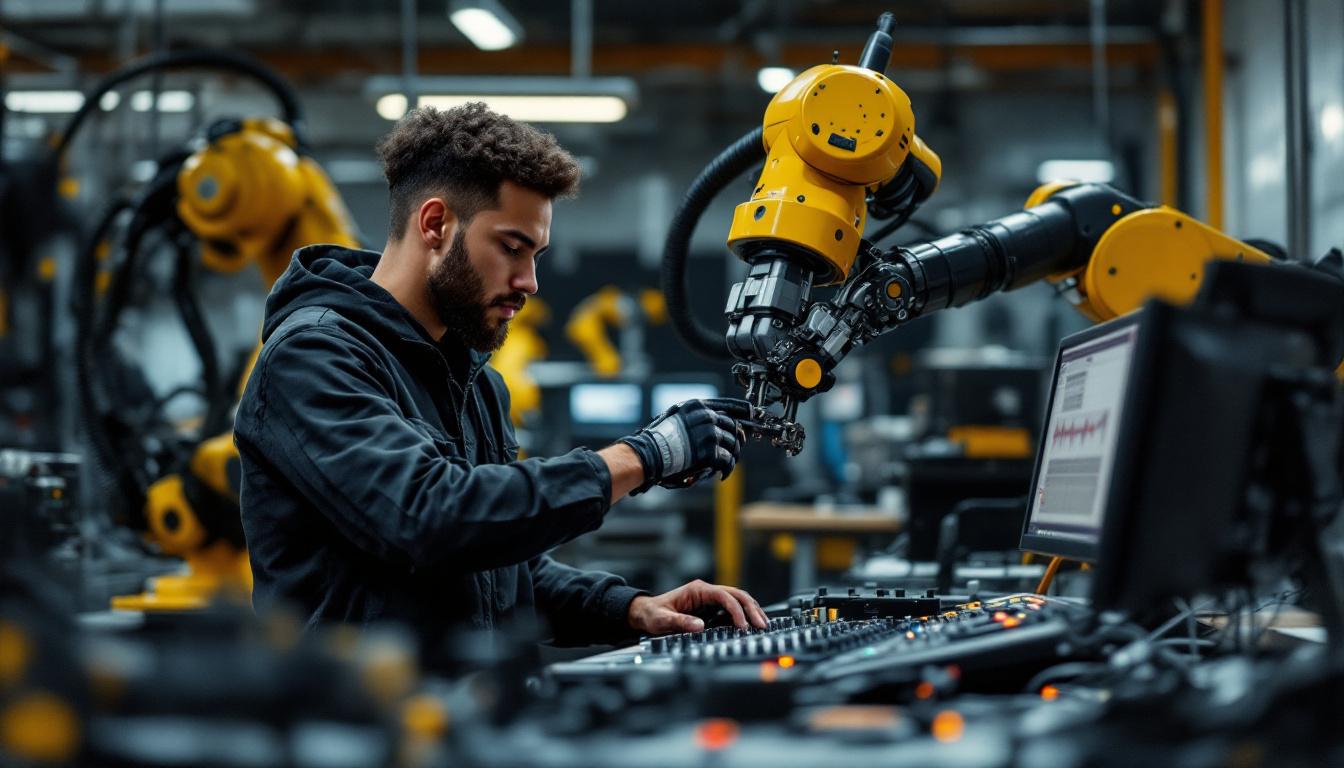 A photograph of a dynamic scene showcasing a young audio engineering apprentice working alongside an industrial robotic arm