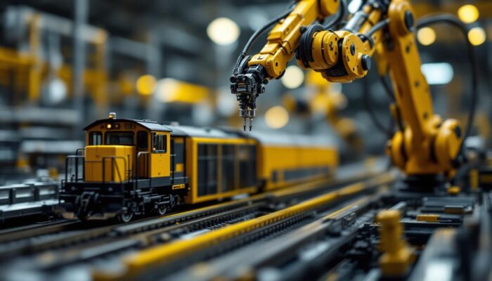 A photograph of a detailed close-up of a mini metals n scale model train set alongside a sleek industrial robotic arm in action