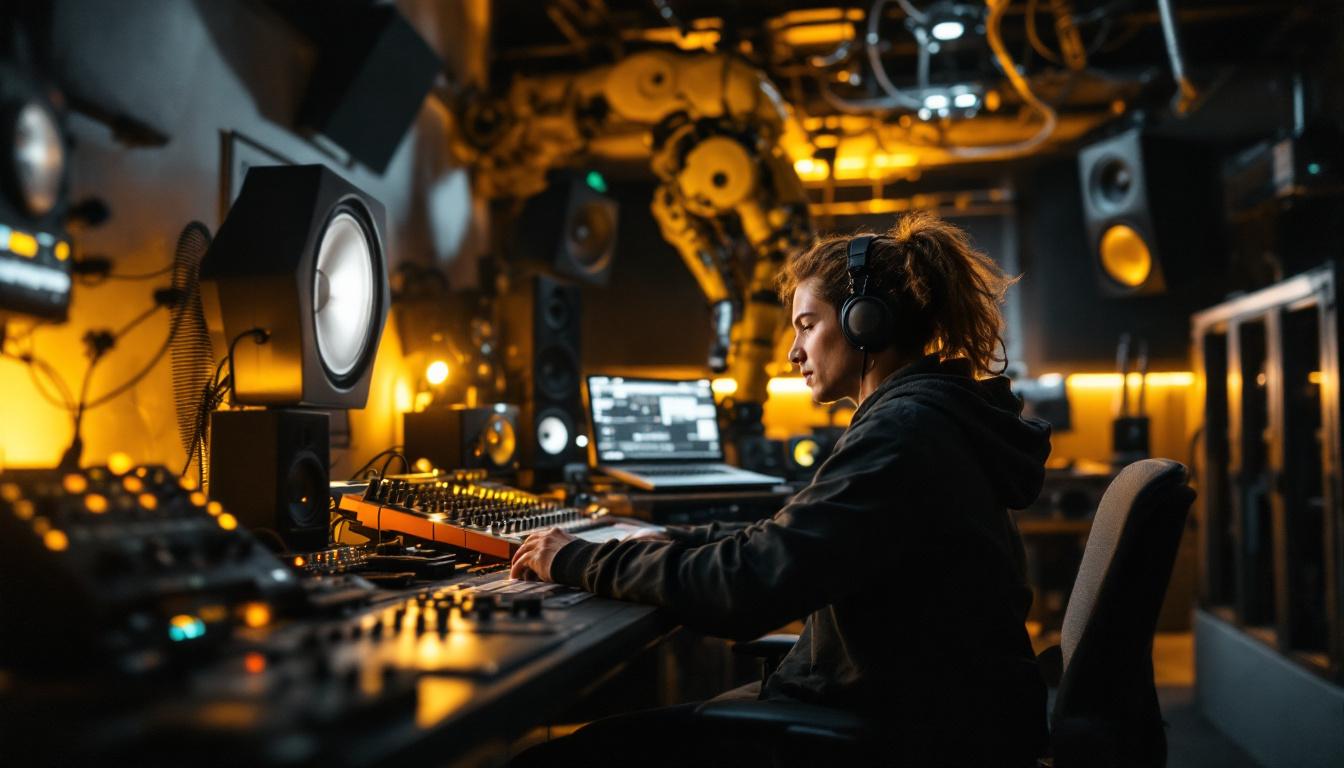 A photograph of a sound design intern working in a studio
