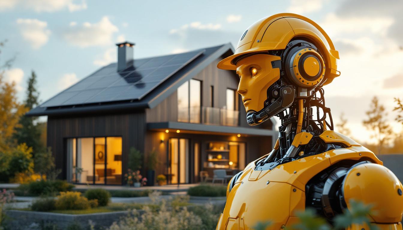 A photograph of a modern home equipped with solar panels and energy-efficient appliances