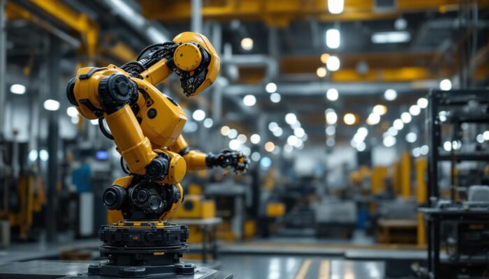 A photograph of a stationary industrial robot positioned at the perimeter of a manufacturing facility