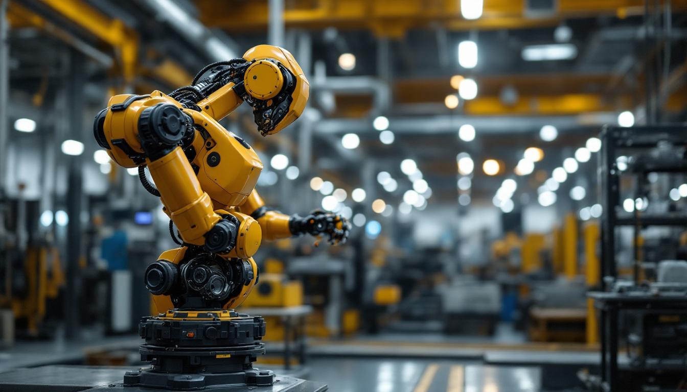 A photograph of a stationary industrial robot positioned at the perimeter of a manufacturing facility