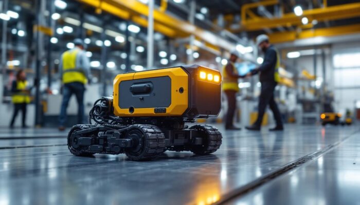 A photograph of a mobile robotic unit in action within an industrial setting