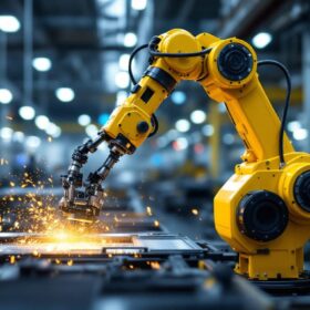 A photograph of a dynamic industrial robotic system in action within a modern austin