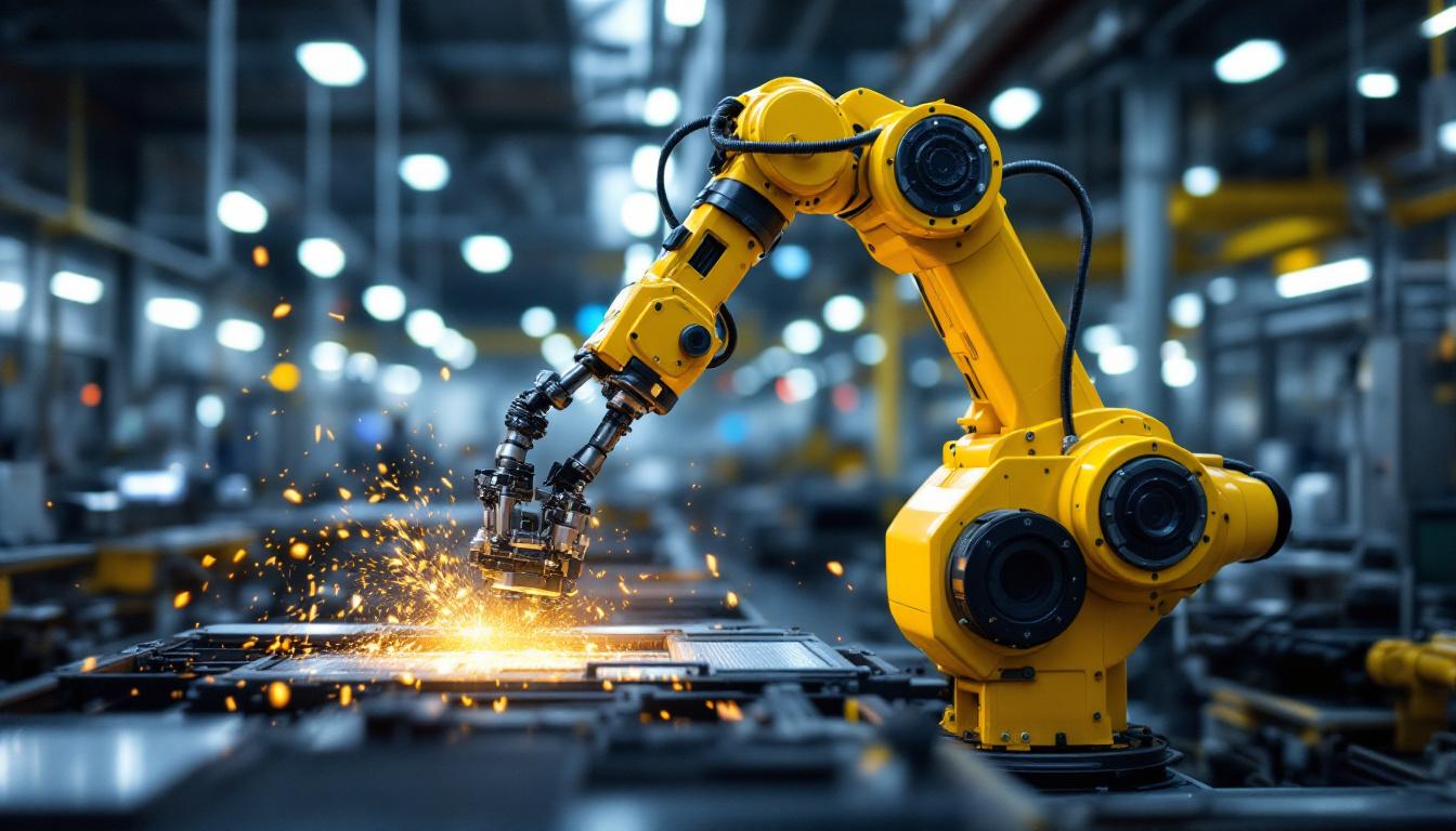 A photograph of a dynamic industrial robotic system in action within a modern austin