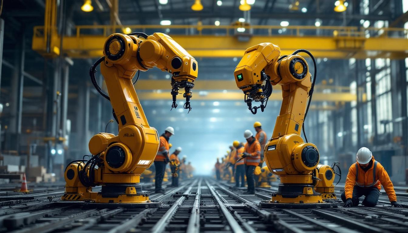 A photograph of a dynamic construction site featuring atlas robots in action